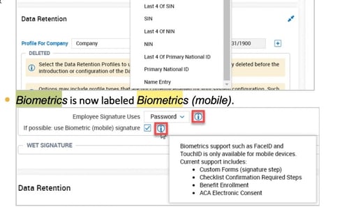 Biometric Signatures Configuration menu