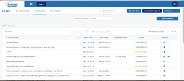 OnePoint LMS Employee Assigned Courses Dashboard