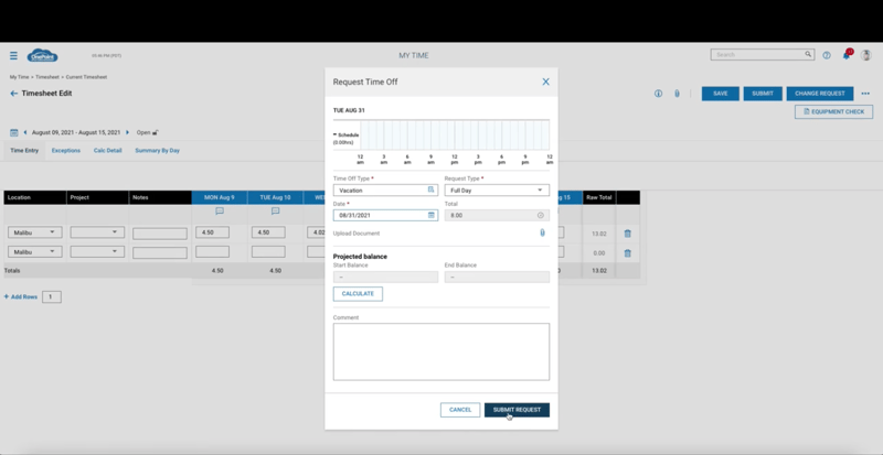 Request Time Off From the Timesheet Screen