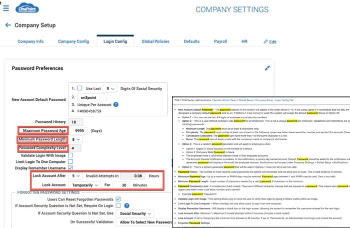 login configuration and password complexity settings